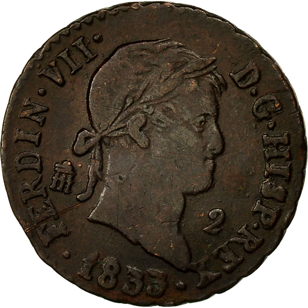 Coin, Spain, Ferdinand VII, 2 Maravedis, 1833, Segovia, EF(40-45), Copper