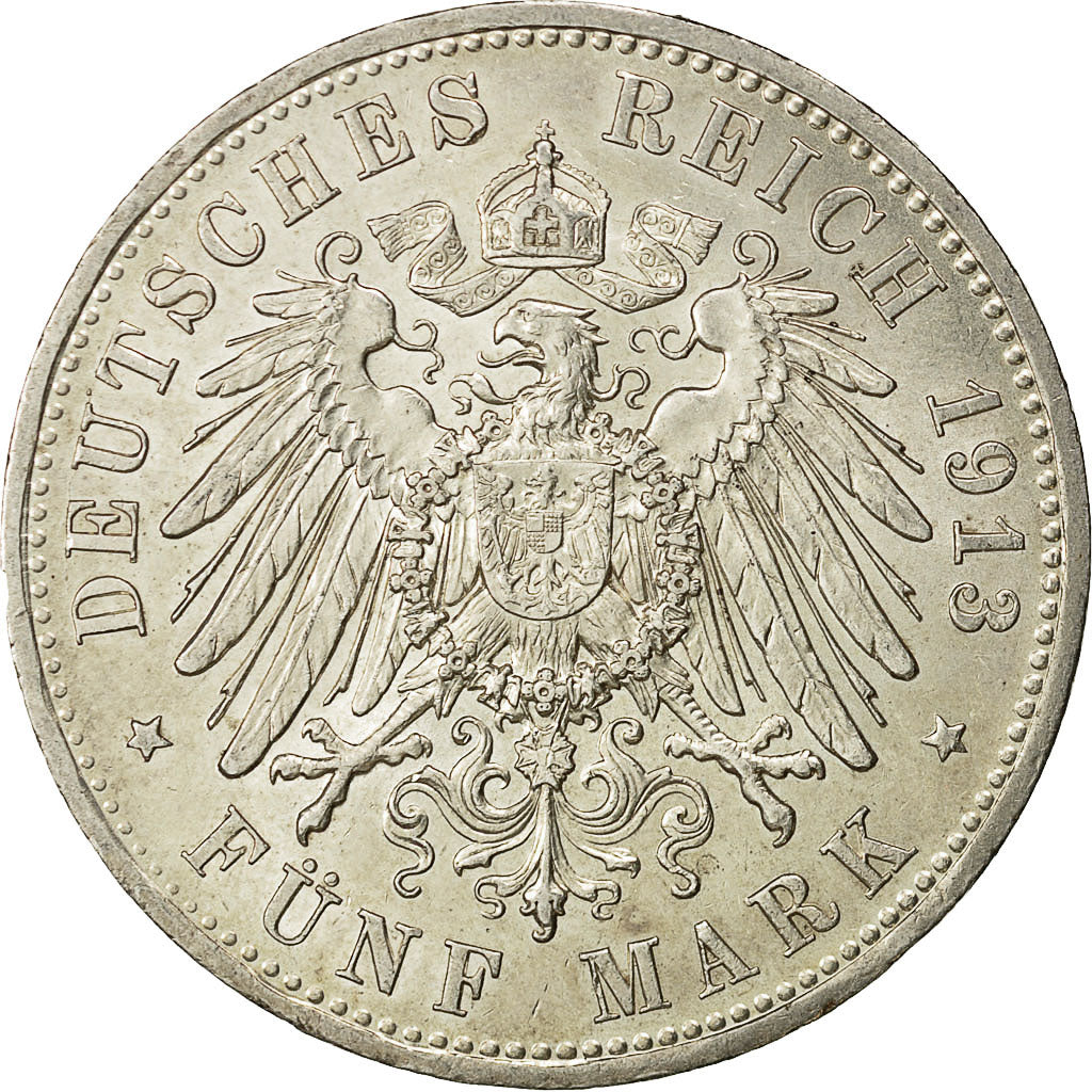 Coin, German States, PRUSSIA, Wilhelm II, 5 Mark, 1913, Berlin, AU(50-53)