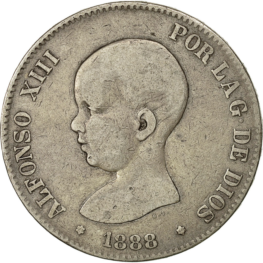 Coin, Spain, Alfonso XIII, 5 Pesetas, 1888, VF(30-35), Silver, KM:689