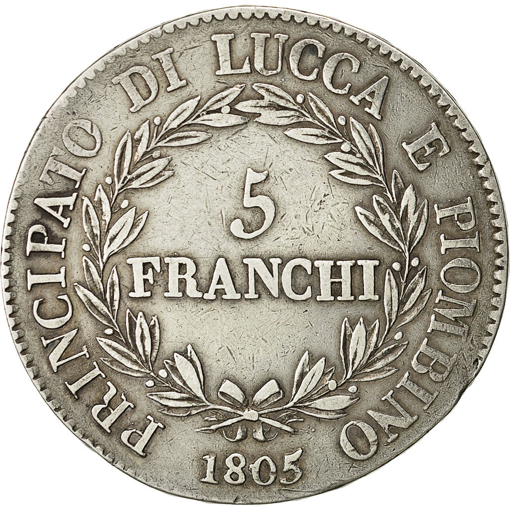 Monnaie, États italiens, LUCCA, Felix and Elisa, 5 Franchi, 1805, TB+, Argent