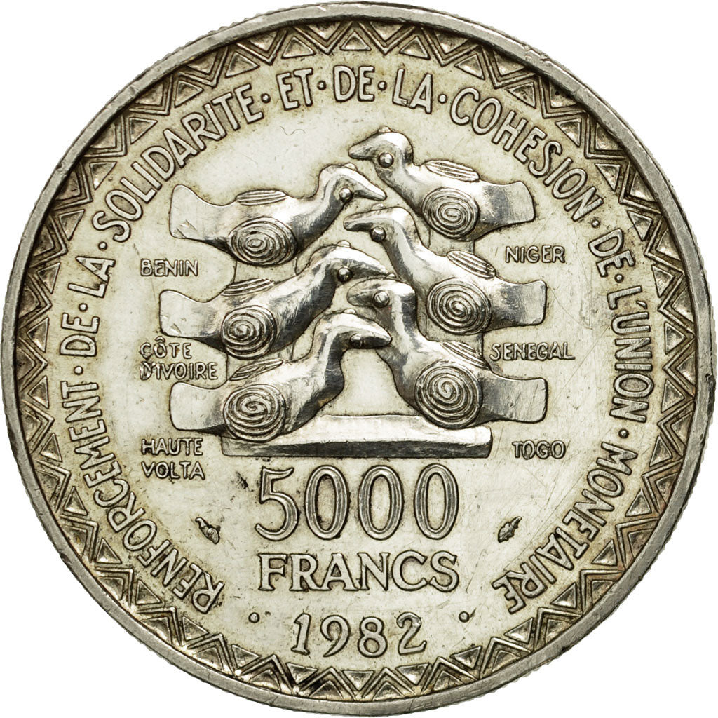 Coin, West African States, 5000 Francs, 1982, AU(50-53), Silver, KM:11