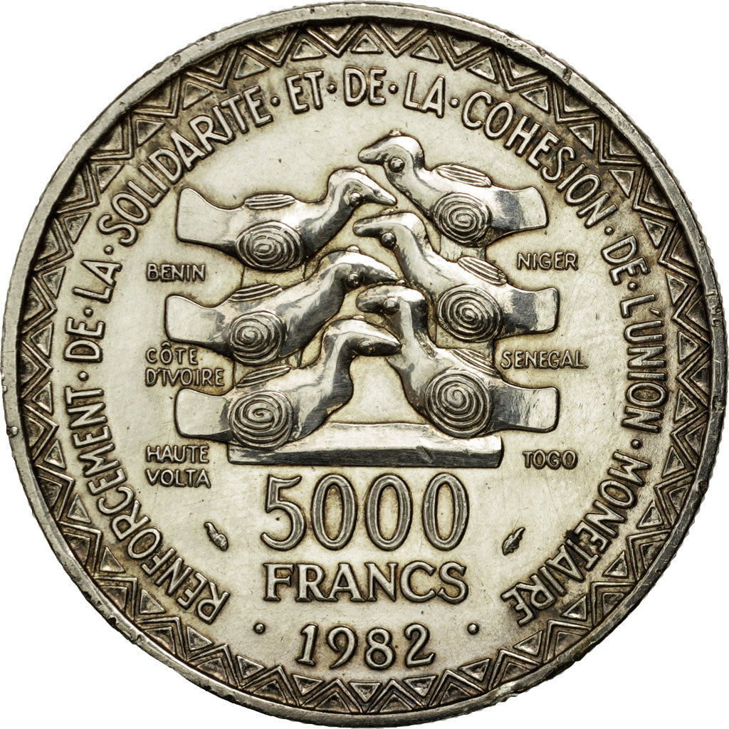 Coin, West African States, 5000 Francs, 1982, AU(50-53), Silver, KM:11
