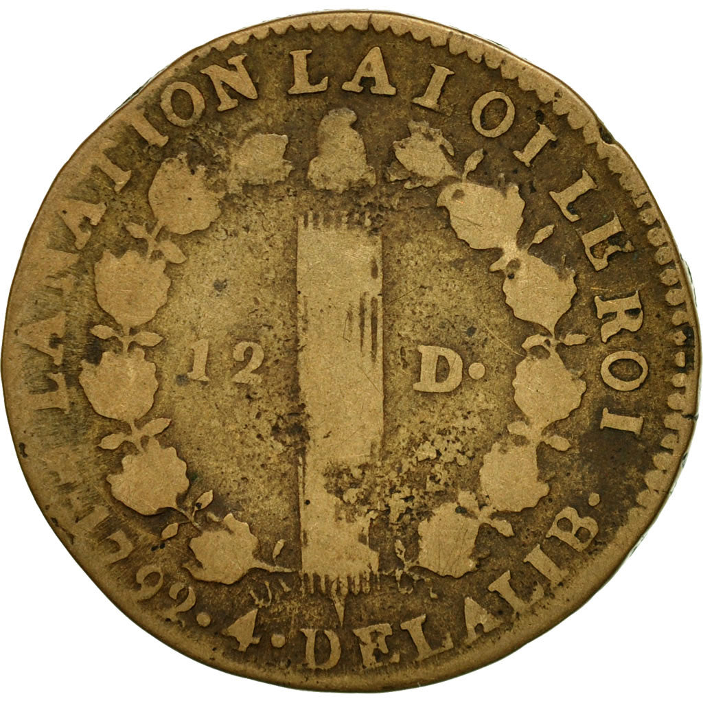 Coin, France, Louis XVI, 12 deniers françois, 12 Deniers, 1792, Dijon