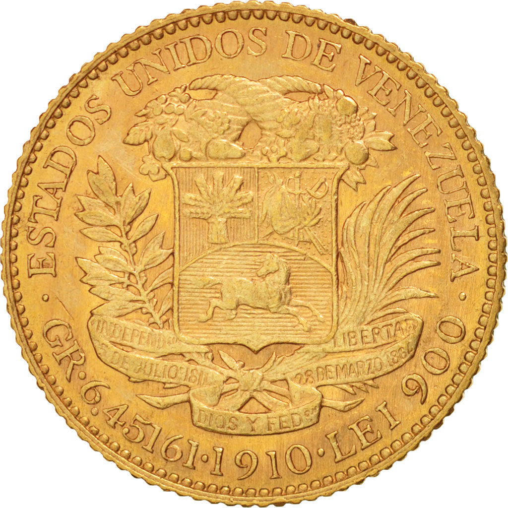 Venezuela, 20 Bolivares, 1910, Gold, KM:32