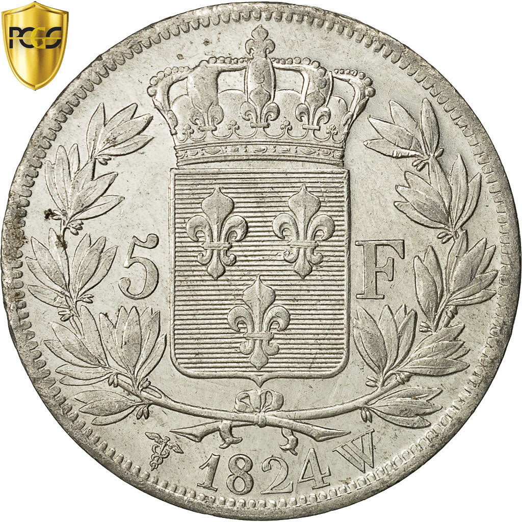 Coin, France, Louis XVIII, Louis XVIII, 5 Francs, 1824, Lille, PCGS, AU58