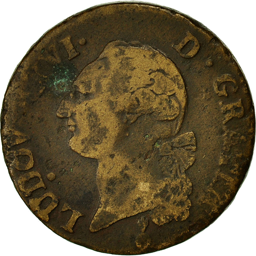 Coin, France, Louis XVI, Sol ou sou, 1791, Metz, F(12-15), Copper, KM 578.2