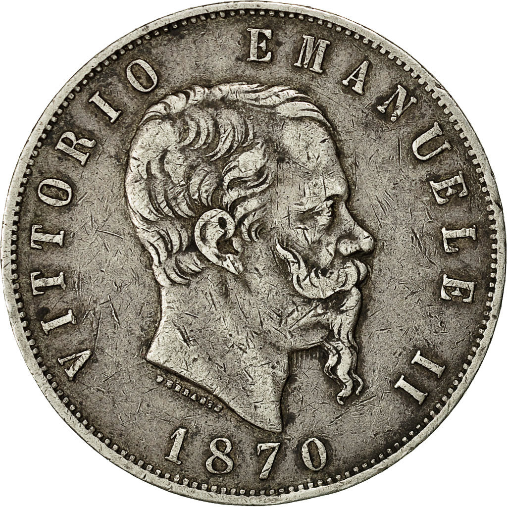 Coin, Italy, Vittorio Emanuele II, 5 Lire, 1870, Milan, VF(30-35), Silver