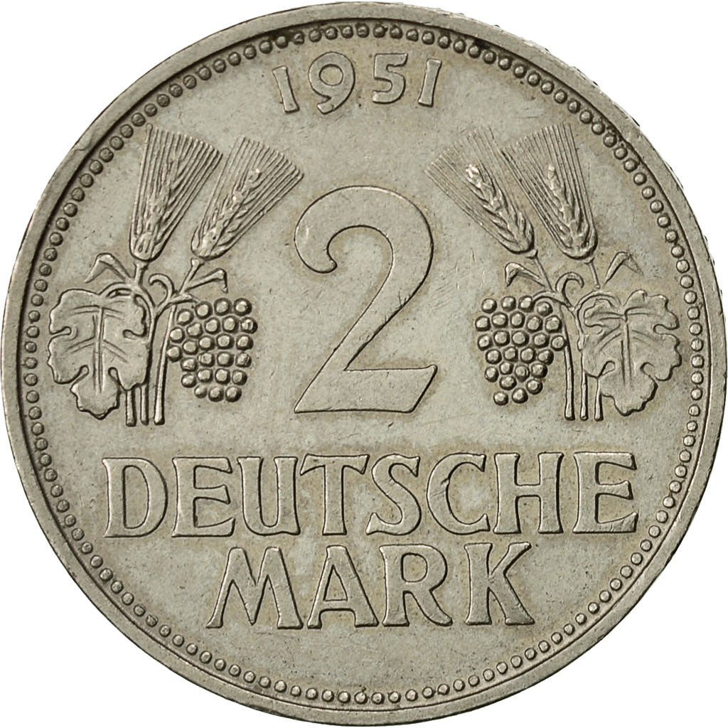 Moneta, Niemcy - RFN, 2 Mark, 1951, Munich, AU(50-53), Miedź-Nikiel, KM:111