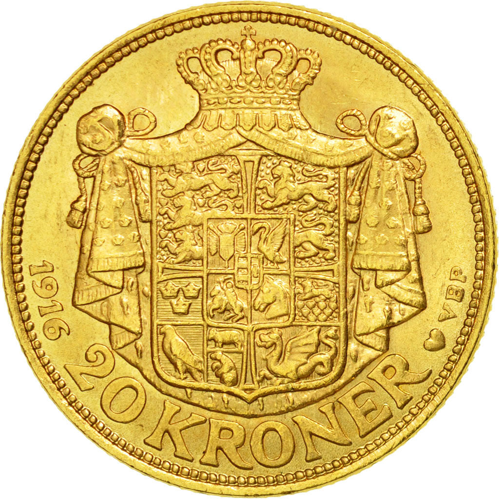 Moneta, Danimarca, Christian X, 20 Kroner, 1916, Copenhagen, SPL-, Oro, KM:817.1