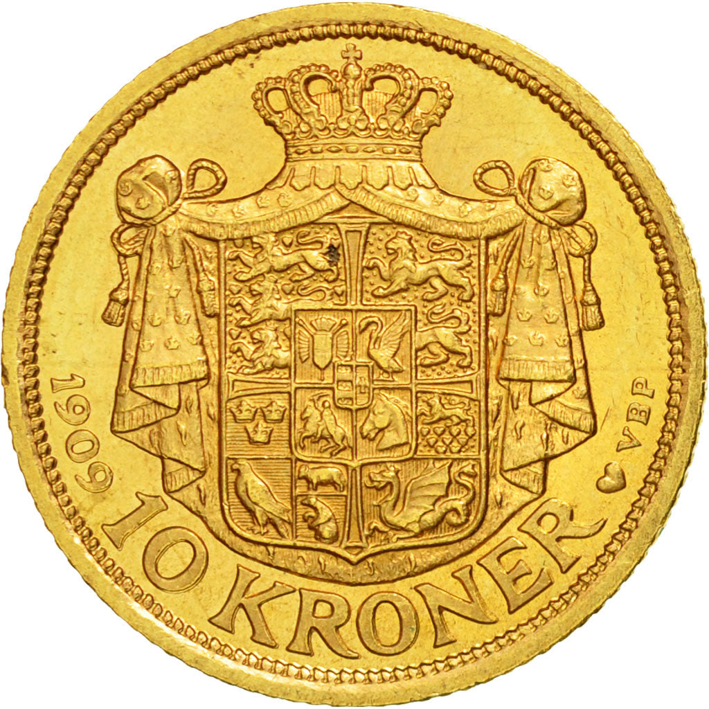 Moneta, Danimarca, Frederik VIII, 10 Kroner, 1909, Copenhagen, SPL, Oro, KM:809