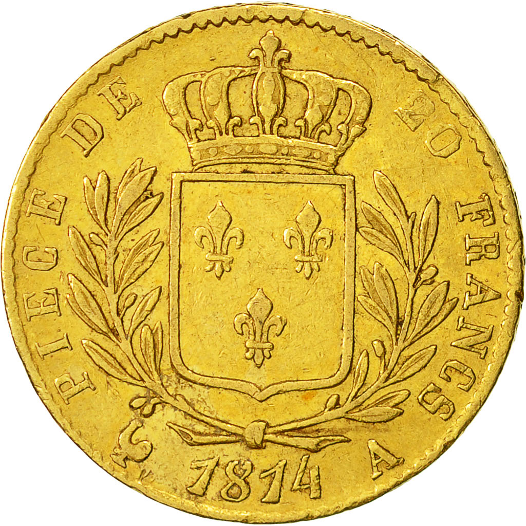 Moneta, Francia, Louis XVIII, 20 Francs, 1814, Paris, BB, Oro, KM 706.1