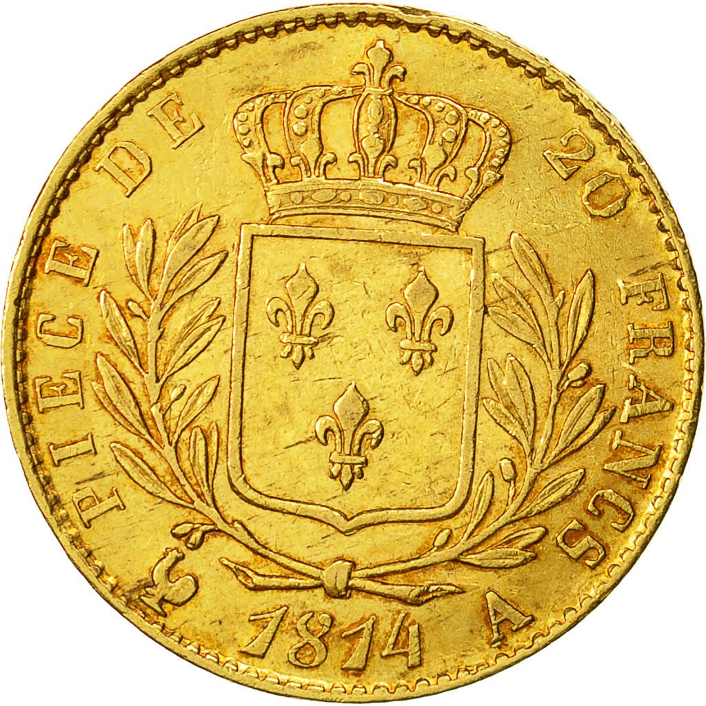 Coin, France, Louis XVIII, 20 Francs, 1814, Paris, AU(50-53), Gold, KM 706.1