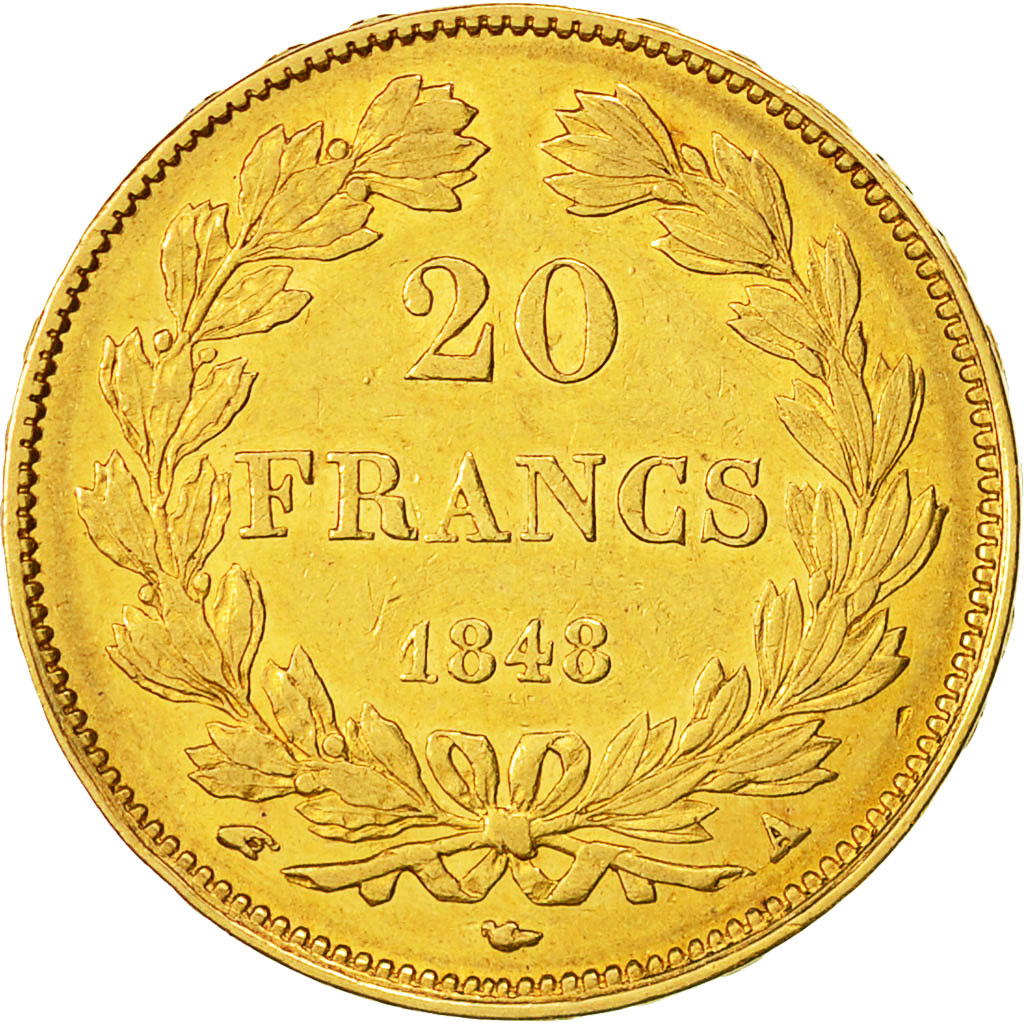 Moneda, Francia, Louis-Philippe, 20 Francs, 1848, Paris, MBC+, Oro, KM:750.1