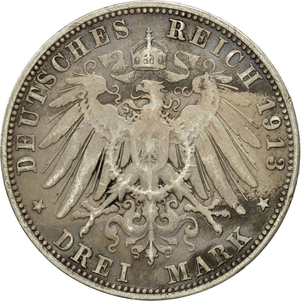 Coin, German States, BAVARIA, Otto, 3 Mark, 1913, Munich, VF(30-35), Silver