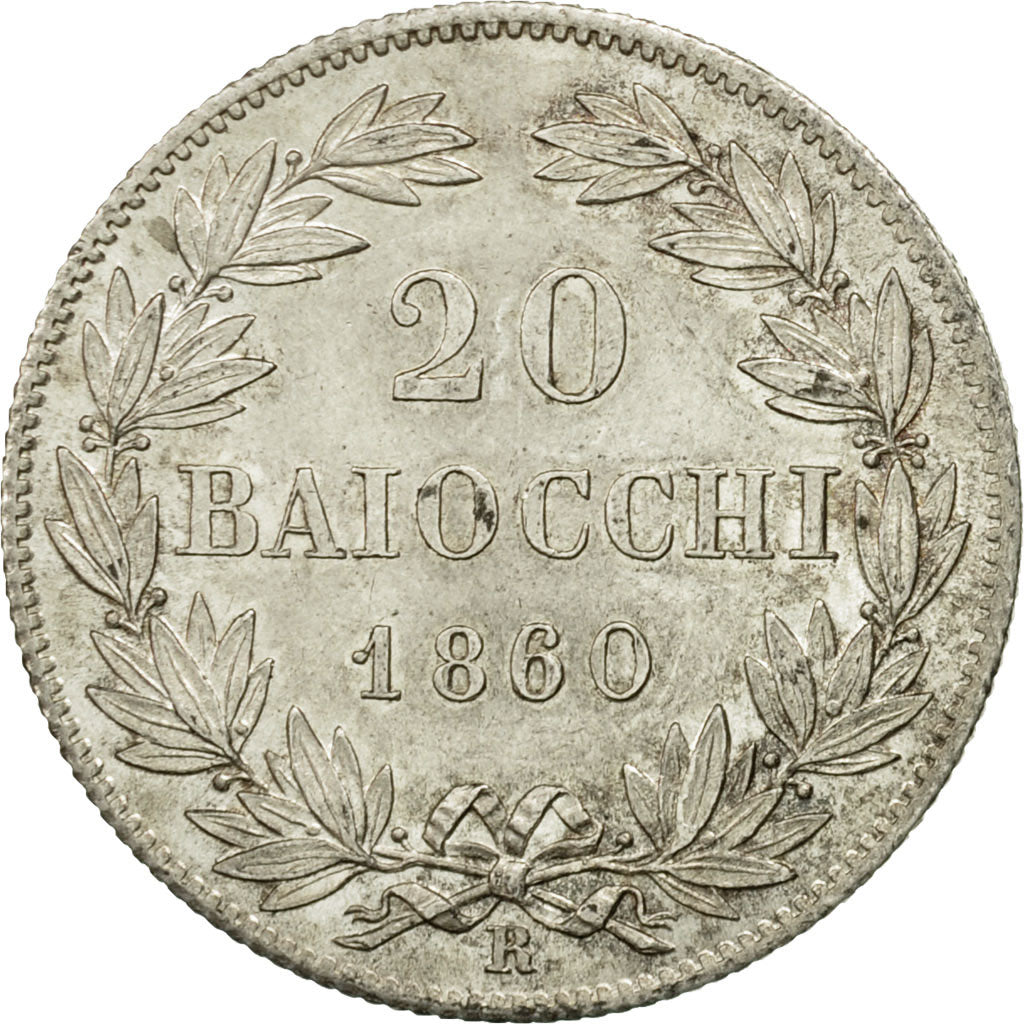 Munten, Italiaanse staten, PAPAL STATES, Pius IX, 20 Baiocchi, 1860, Roma, PR+