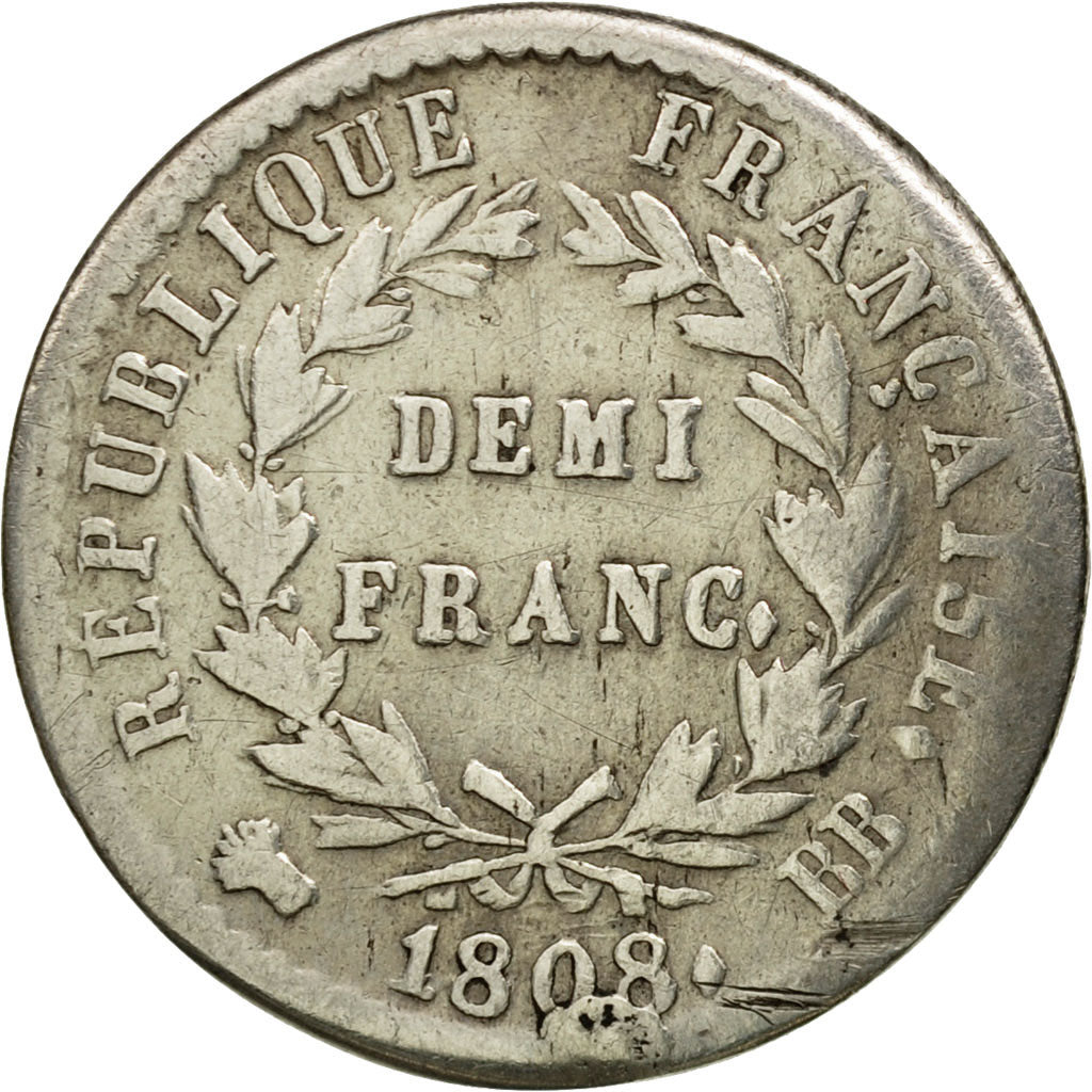 Coin, France, Napoléon I, 1/2 Franc, 1808, Strasbourg, VF(30-35), KM 680.3