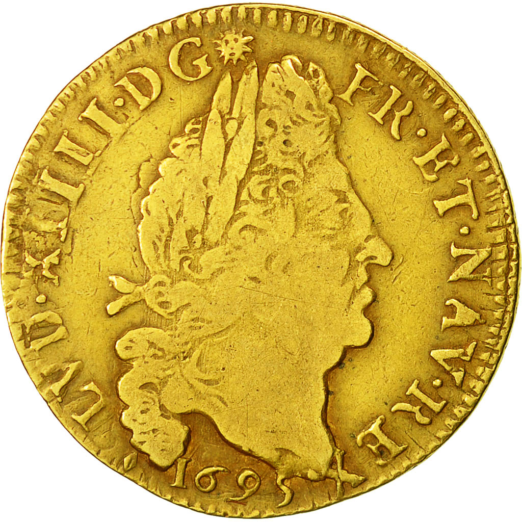 Moneta, Francia, Louis XIV, Louis d'or aux 4 L, 1695, Aix, MB, Oro, KM 302.23