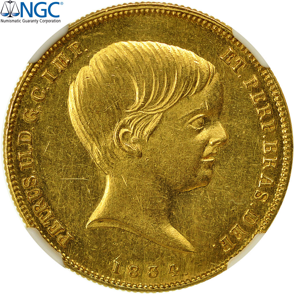 Coin, Brazil, Pedro II, 10000 Reis, 1834, NGC, MS61, MS(60-62), Gold, KM:451
