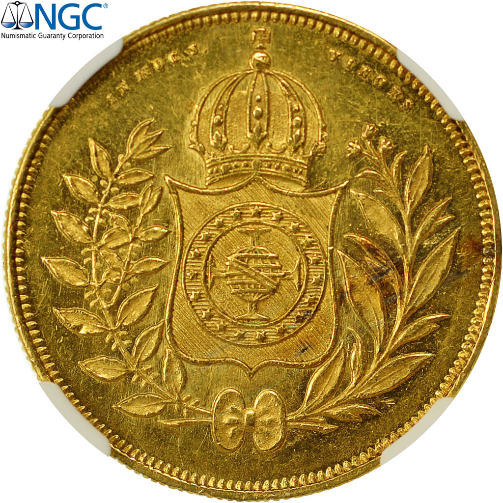Coin, Brazil, Pedro II, 10000 Reis, 1834, NGC, MS61, MS(60-62), Gold, KM:451