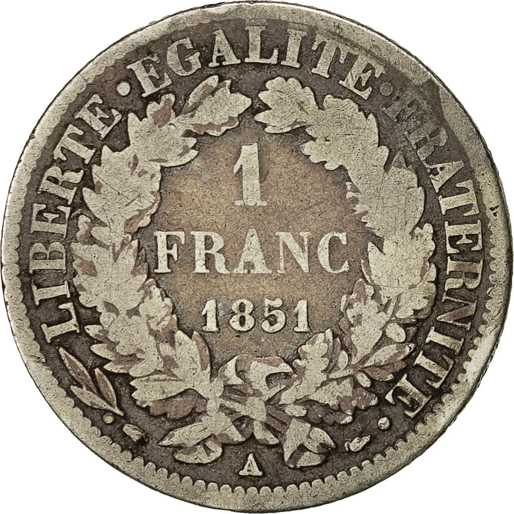 Monnaie, France, Cérès, Franc, 1851, Paris, B+, Argent, Gadoury:457, KM:759.1