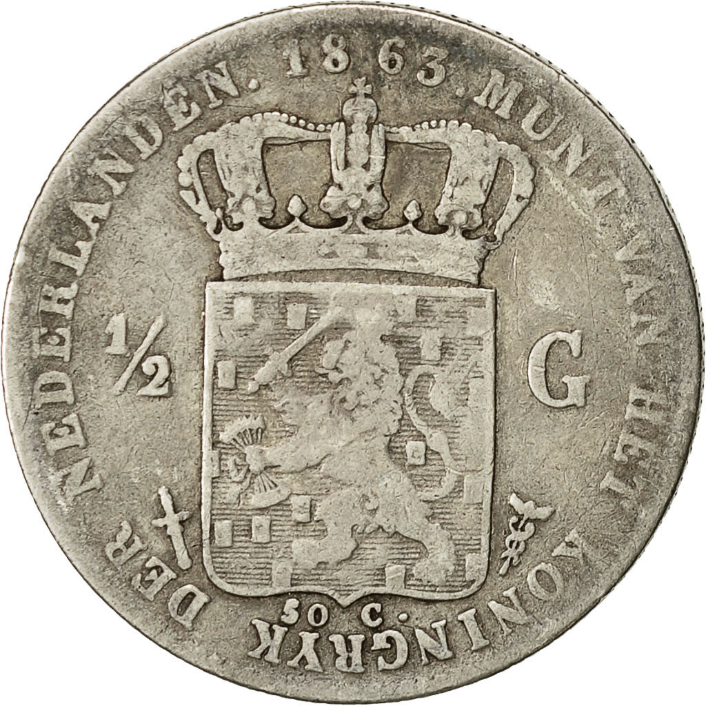 Coin, Netherlands, William III, 1/2 Gulden, 1863, VF(30-35), Silver, KM:92