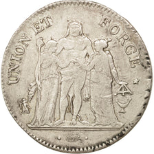 Francja, 5 Francs, Union et Force, An 10, Bordeaux, Srebro, EF(40-45)