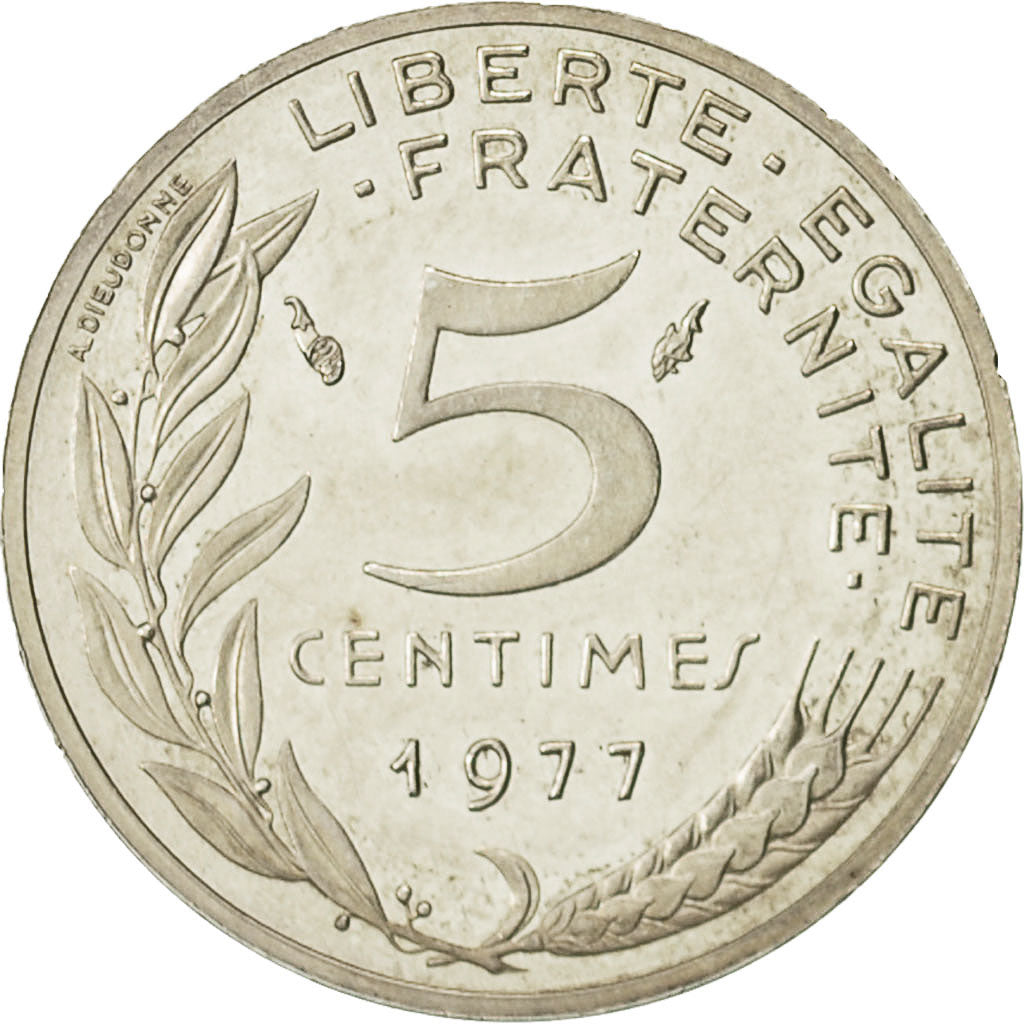 Coin, France, 5 Centimes, 1977, Piéfort, MS(63), Silver, KM:P570, Gadoury:22.P2
