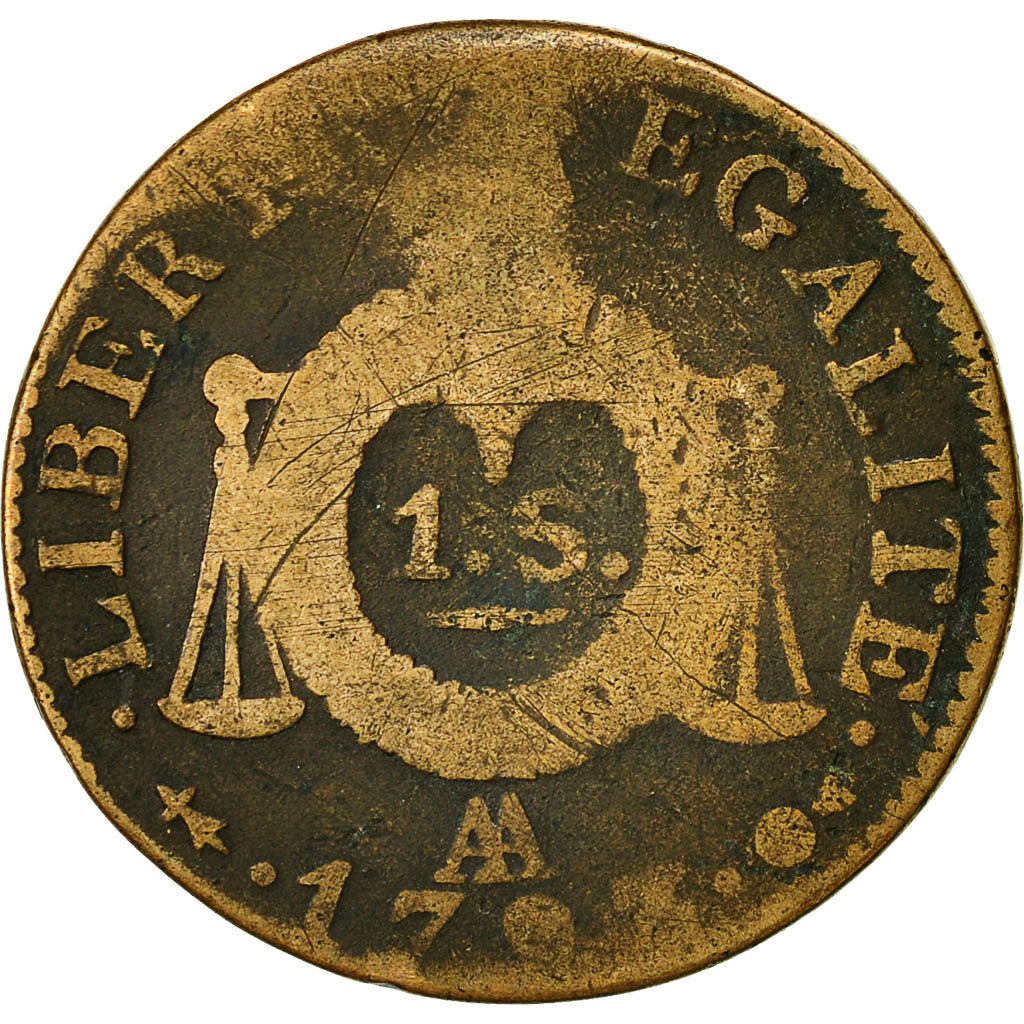 Moneda, Francia, Sol aux balances françoise, Sol, 1793, Metz, BC, Bronce