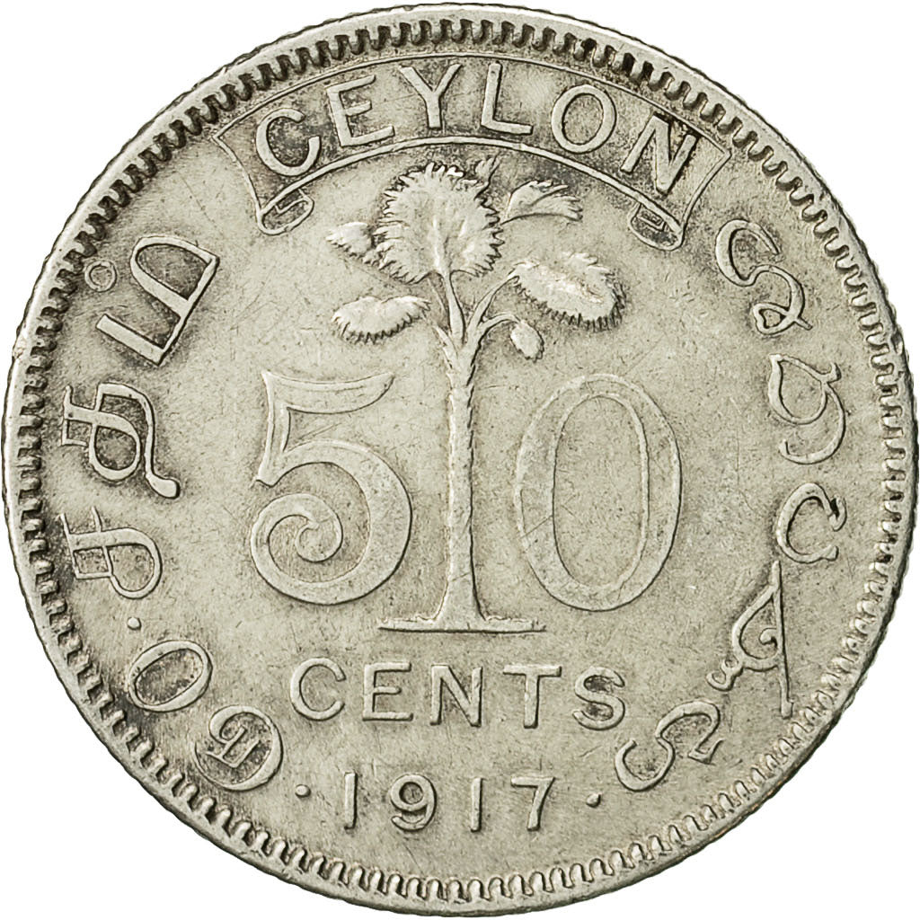 Coin, Ceylon, George V, 50 Cents, 1917, AU(50-53), Silver, KM:109