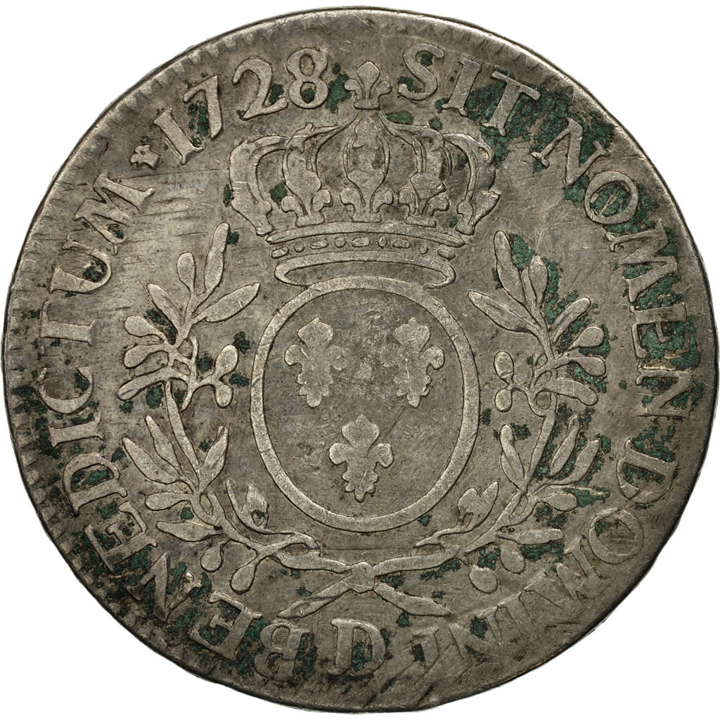 Coin, France, Louis XV, Écu aux branches d'olivier, 1728, Lyons, KM 486.6