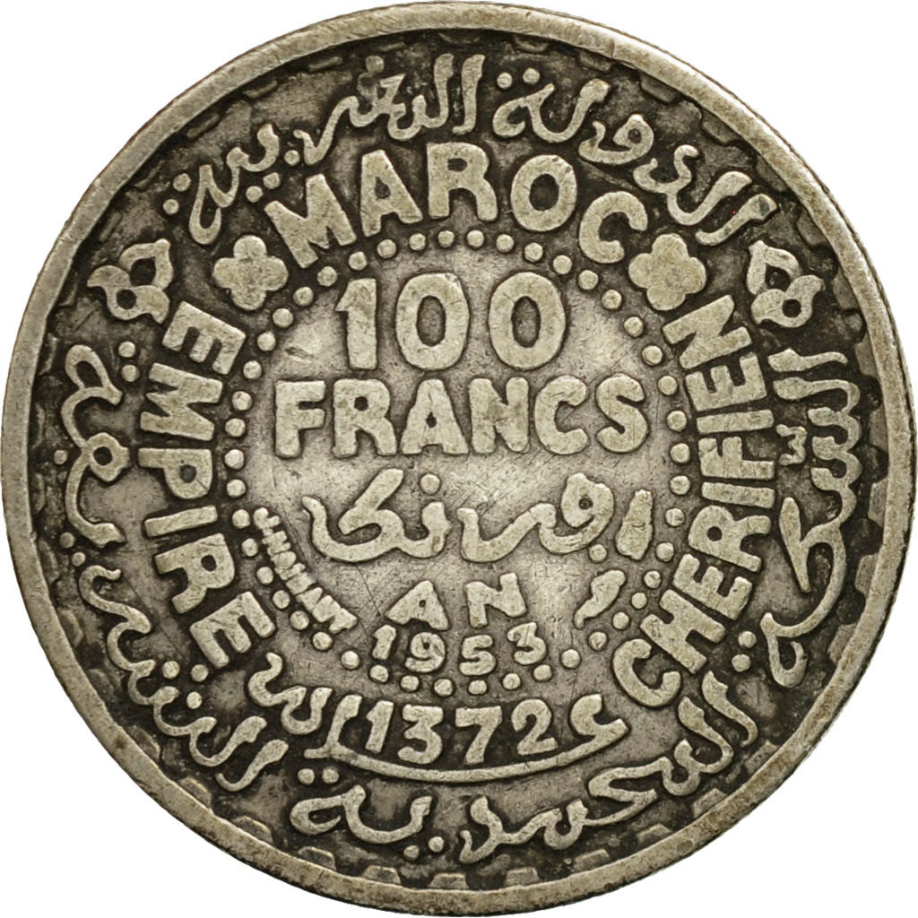 Coin, Morocco, Mohammed V, 100 Francs, 1953, Paris, EF(40-45), Silver, KM:52