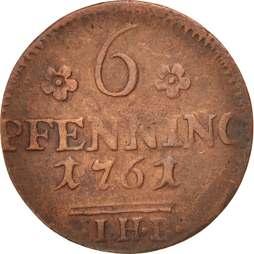 Coin, German States, ROSTOCK, 6 Pfennig, 1761, VF(30-35), Copper, KM:123