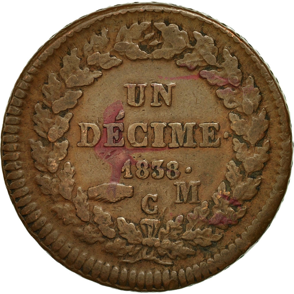 Coin, Monaco, Honore V, Decime, 1838, Monaco, VF(30-35), Copper, KM:97.1