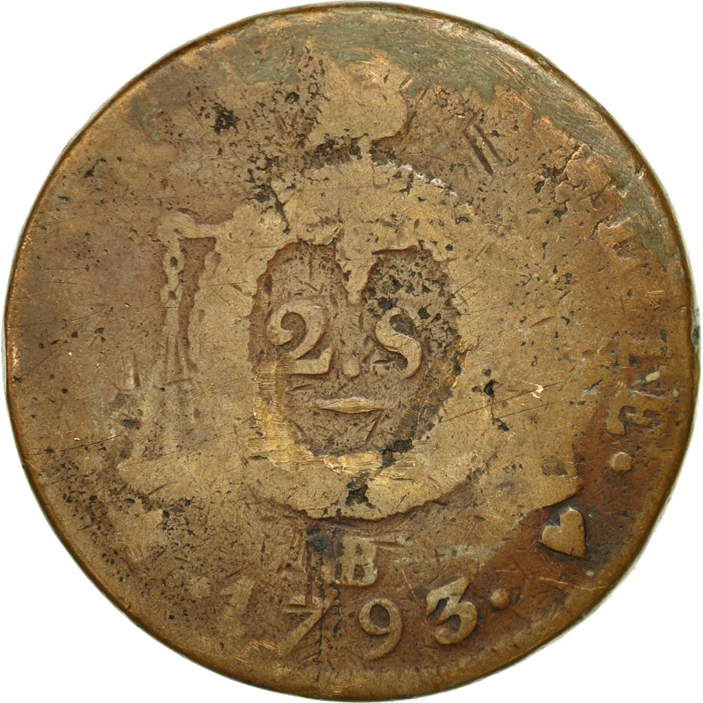 Coin, France, 2 sols aux balances daté, 2 Sols, 1793, Strasbourg, VG(8-10)