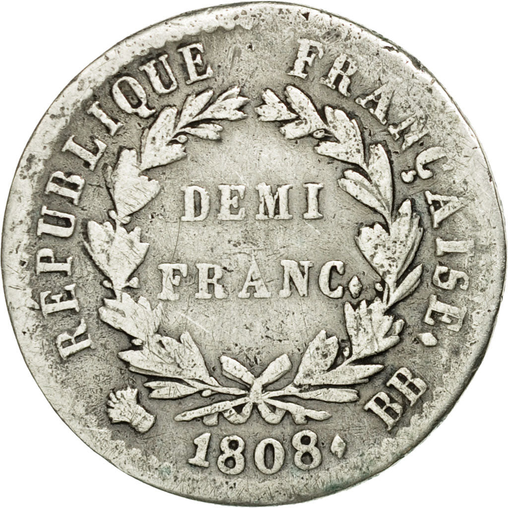 Coin, France, Napoléon I, 1/2 Franc, 1808, Strasbourg, VF(20-25), Silver