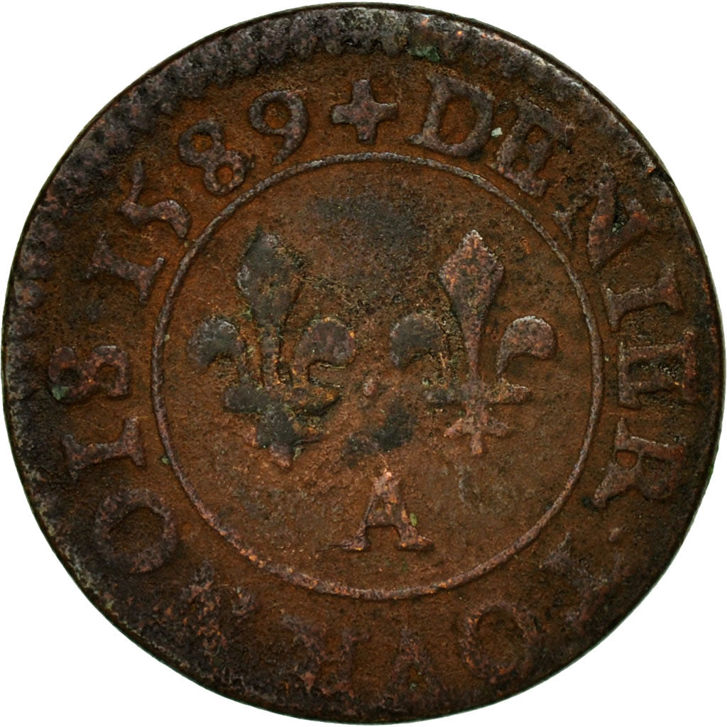 Moneta, Francia, Henri III, Denier Tournois, 1589, Paris, MB+, Rame