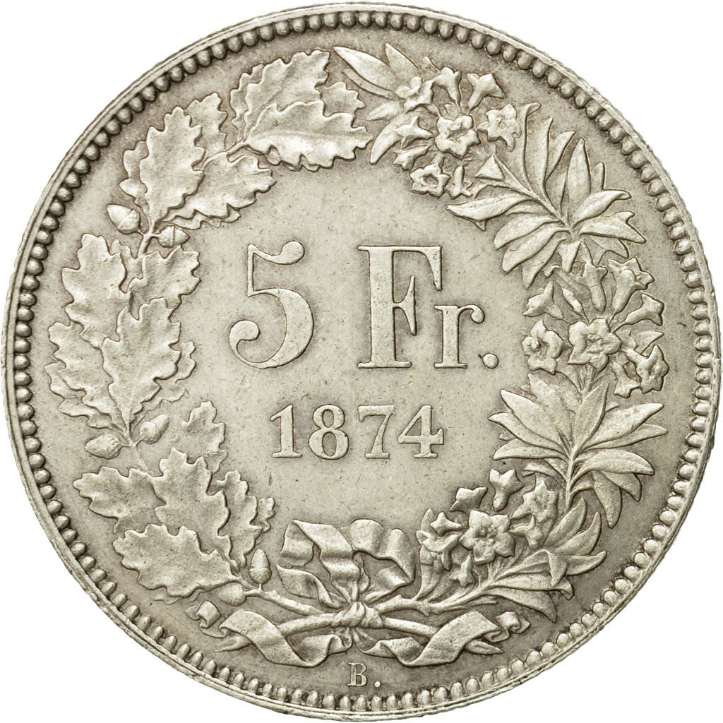 Coin, Switzerland, 5 Francs, 1874, Brussels, AU(50-53), Silver, KM:11