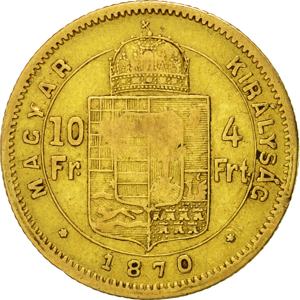 Moneda, Hungría, Franz Joseph I, 4 Forint 10 Francs, 1870, Karlsburg, BC+, Oro