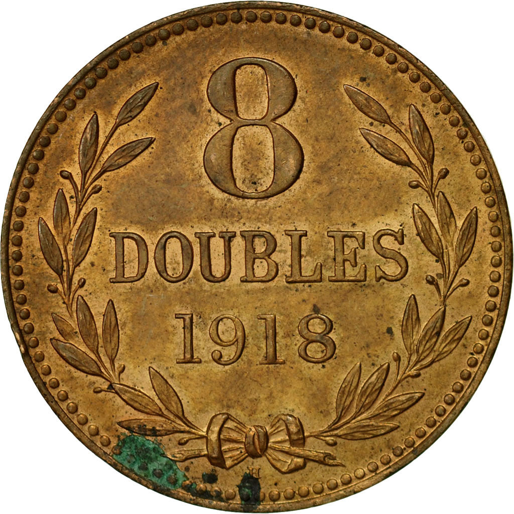 Moneta, Guernsey, 8 Doubles, 1918, Heaton, Birmingham, SPL-, Bronzo, KM:14