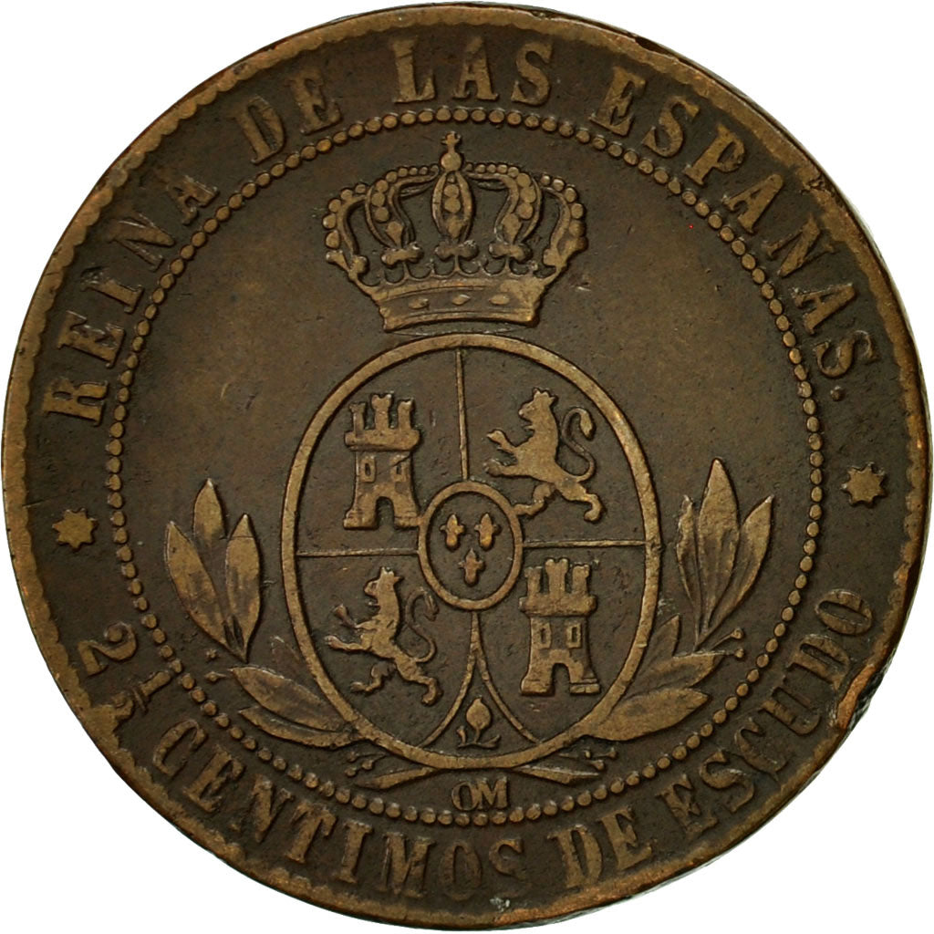 Coin, Spain, Isabel II, 2-1/2 Centimos, 1867, VF(30-35), Copper, KM:634.1