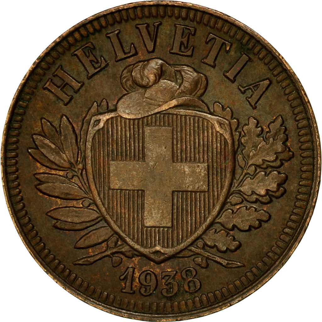 Coin, Switzerland, 2 Rappen, 1938, Bern, AU(50-53), Bronze, KM:4.2a