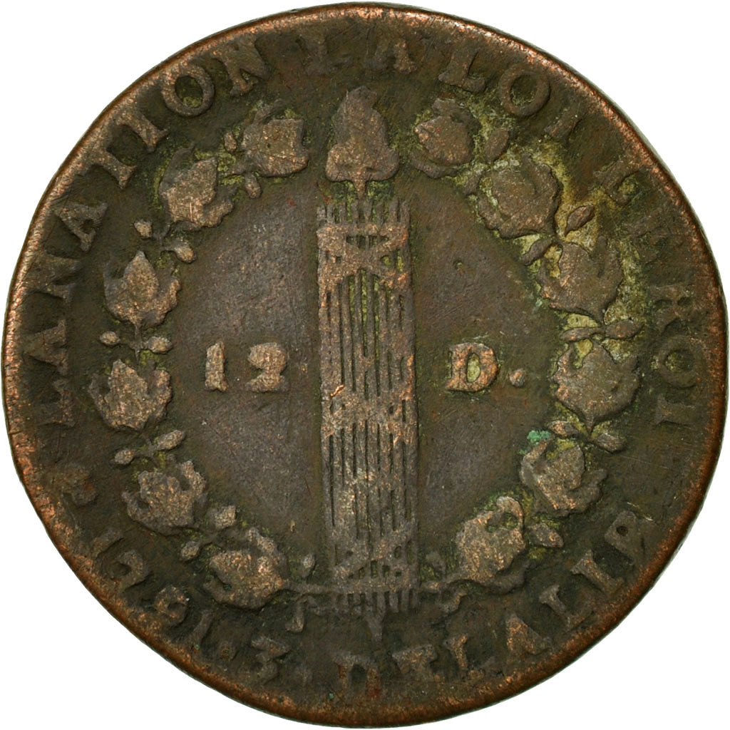 Moneda, Francia, 12 deniers françois, 12 Deniers, 1792, Lyons, BC+, Bronce