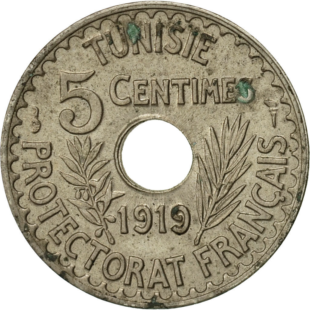 Coin, Tunisia, Muhammad al-Nasir Bey, 5 Centimes, 1919, Paris, AU(50-53)