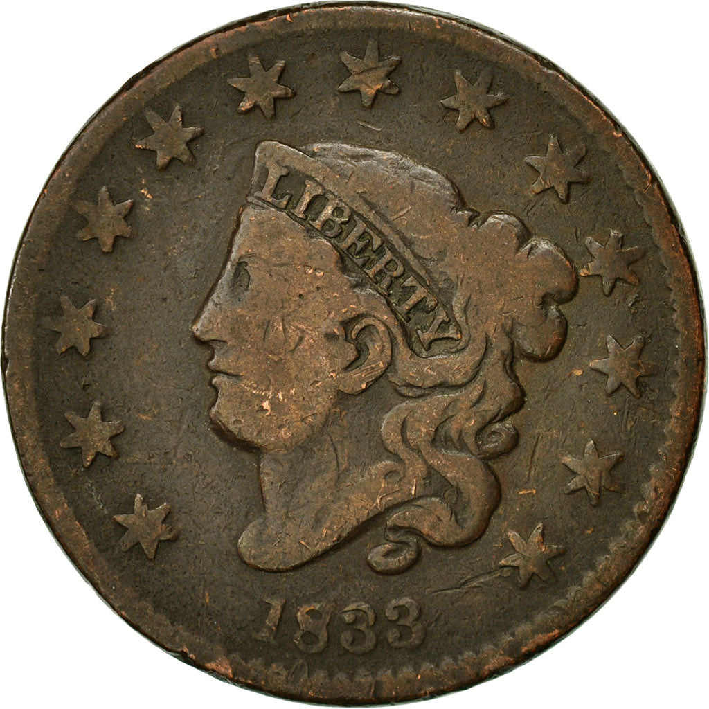 Coin, United States, Coronet Cent, Cent, 1833, U.S. Mint, Philadelphia