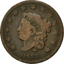 Coin, United States, Coronet Cent, Cent, 1833, U.S. Mint, Philadelphia