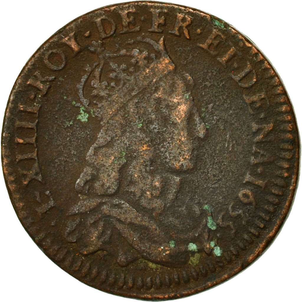 Monnaie, France,Louis XIV,Liard de France au buste juvénile,1655 Pont de l'Arche