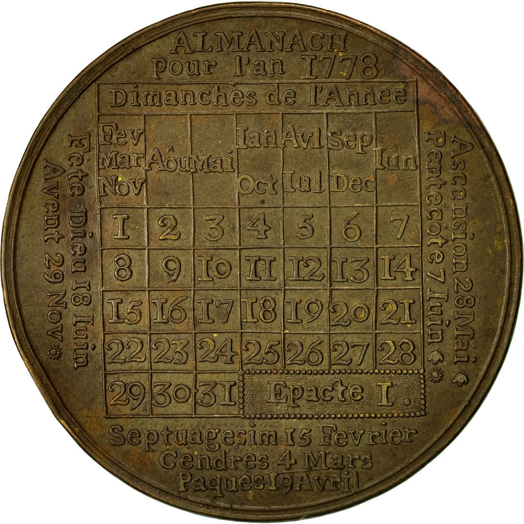 France, Medal, 1778, Almanach Anno 1778, AU(55-58), Bronze