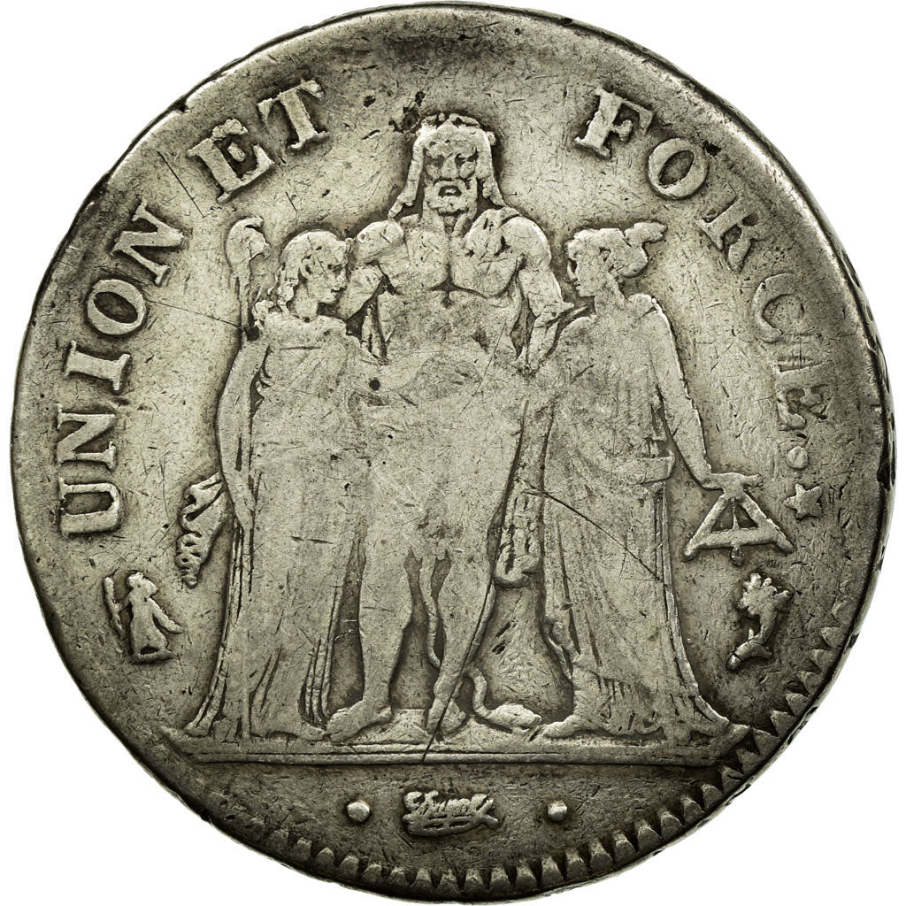 Moeda, França, Union et Force, 5 Francs, AN 5, Paris, VF(30-35), KM 639.1