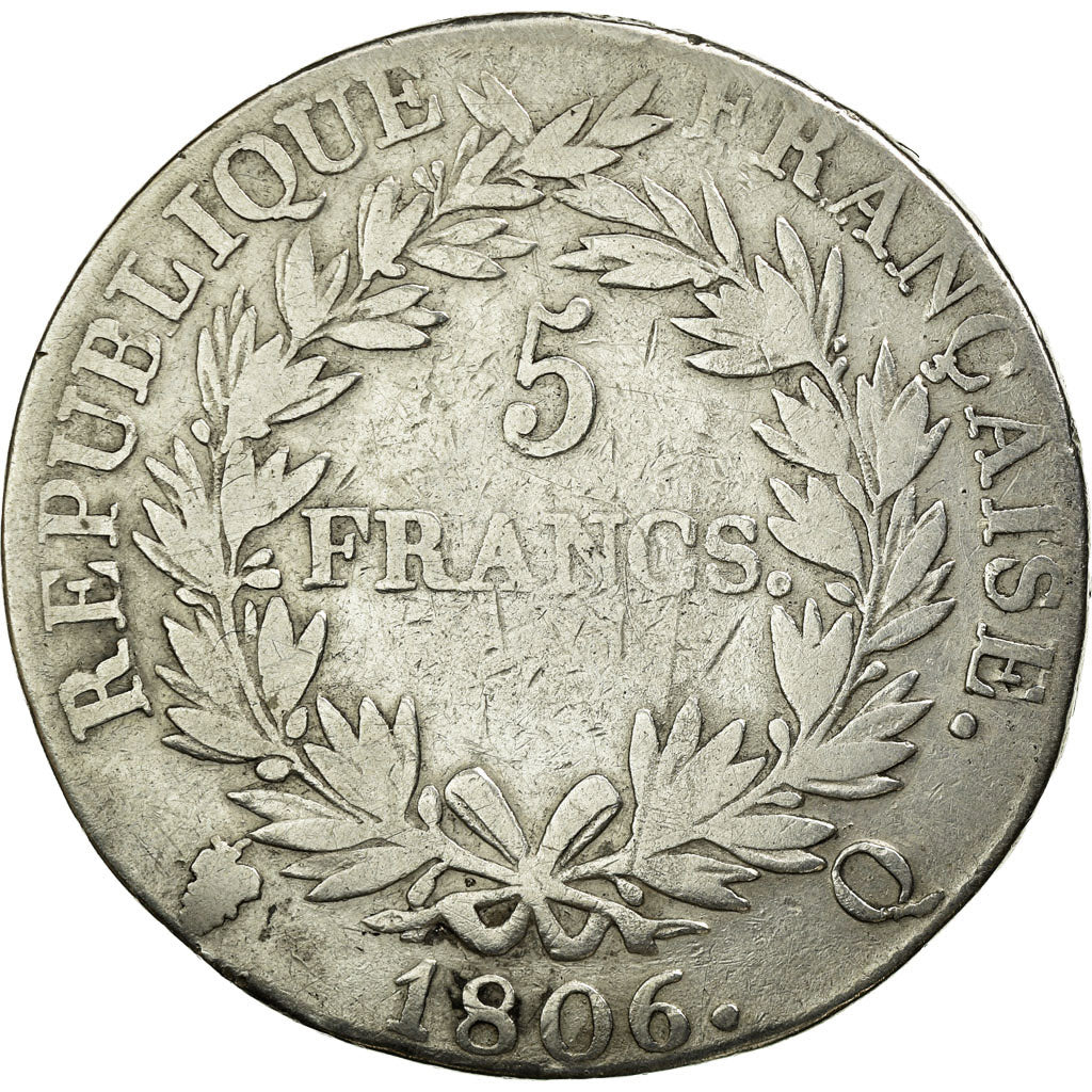 Moneta, Francia, Napoléon I, 5 Francs, 1806, Perpignan, MB, Argento, KM:673.10