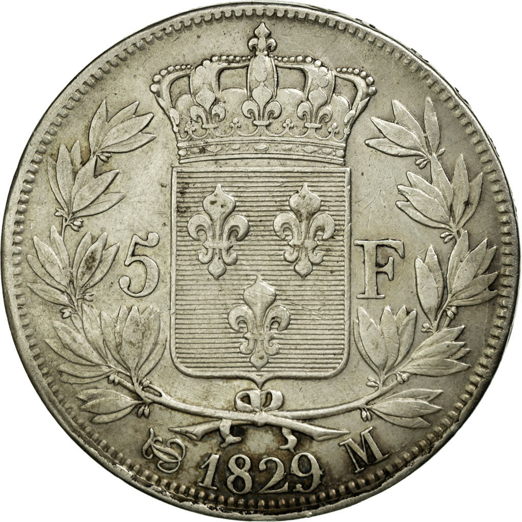 Moneta, Francia, Charles X, 5 Francs, 1829, Toulouse, BB, Argento, KM:728.9